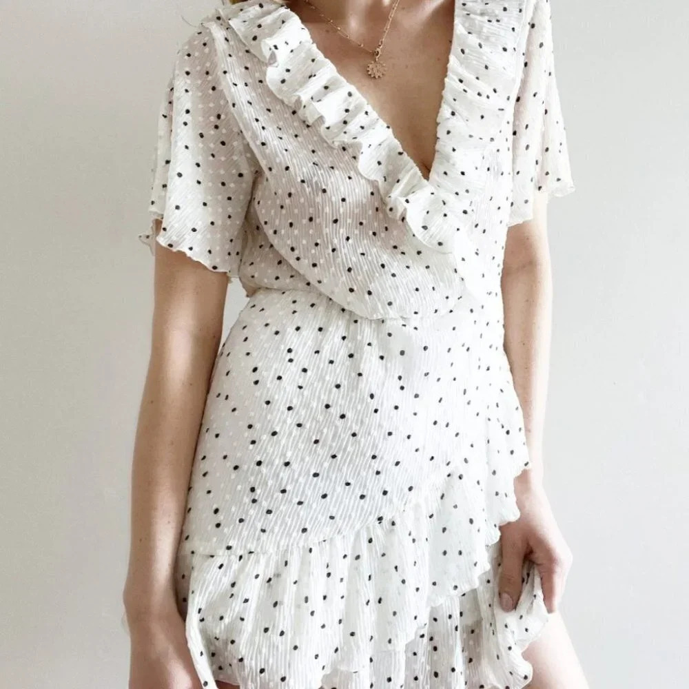 Zara  Ruffle Mesh Polka Dot Dress White Black Size Small